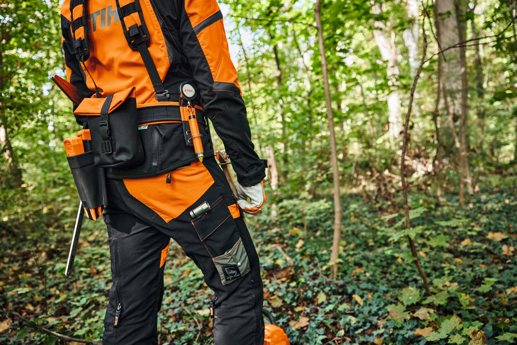 Una persona indossa un equipaggiamento di protezione e il sistema di imbragatura modulare STIHL ADVANCE X-Flex nel bosco