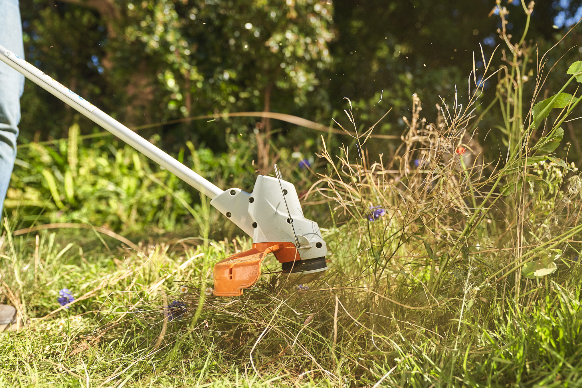 Primo piano di una persona che falcia un prato di fiori di campo con il decespugliatore a batteria STIHL FSA 57  