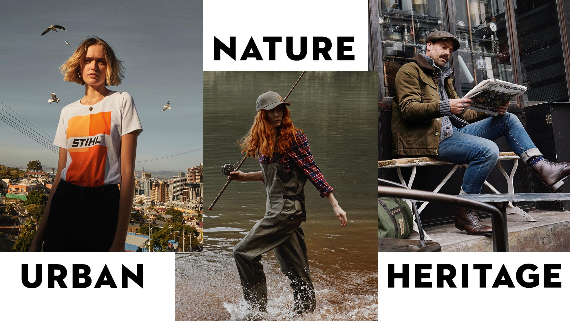 Bildcollage mit zwei weiblichen und einem männlichen Model, die Kleidung aus den drei STIHL Fashion Kollektionen tragen