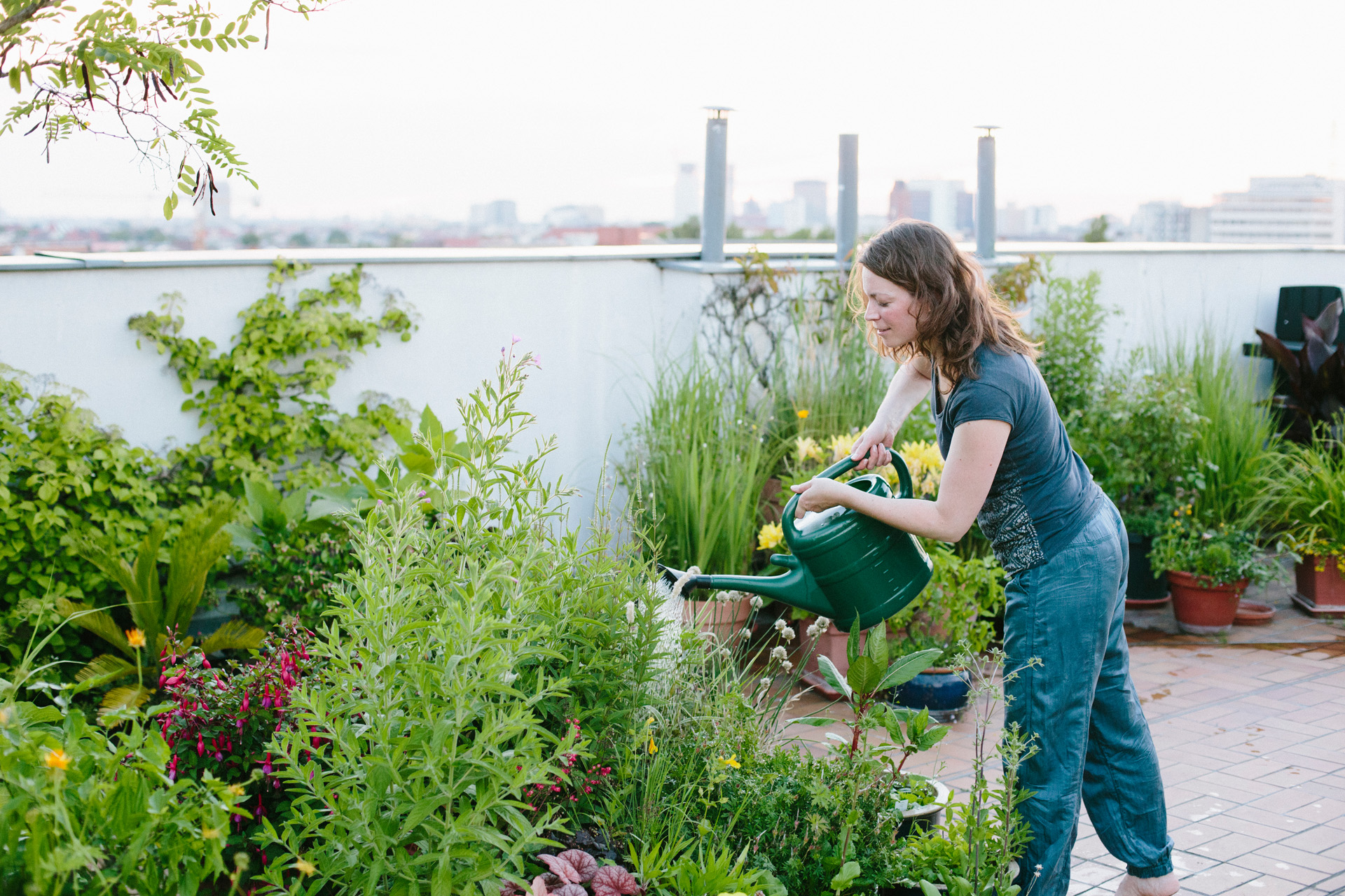Donna che annaffia le piante su una terrazza sul tetto