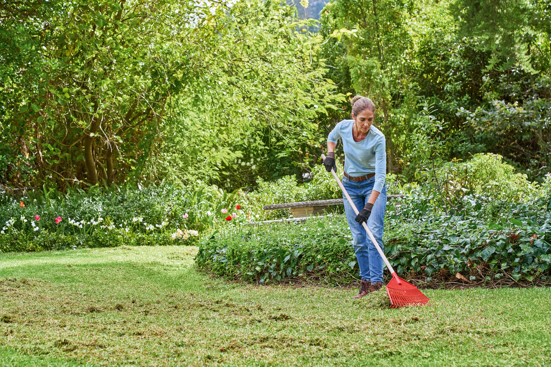 Donna che si prende cura del prato in primavera e si occupa del taglio dell'erba nel suo giardino