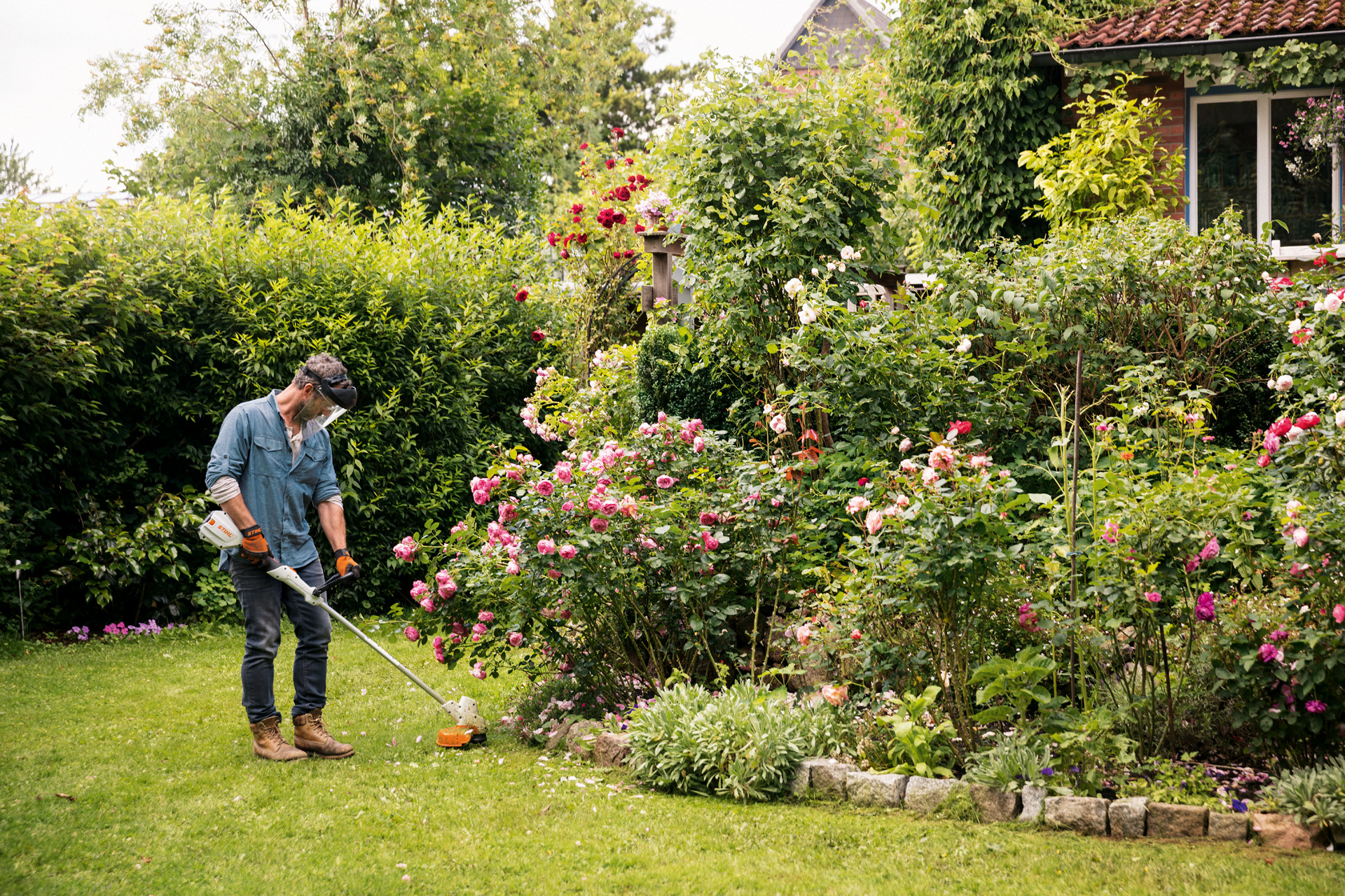 Uomo che taglia i bordi del prato in giardino con un decespugliatore a batteria STIHL FSA 56