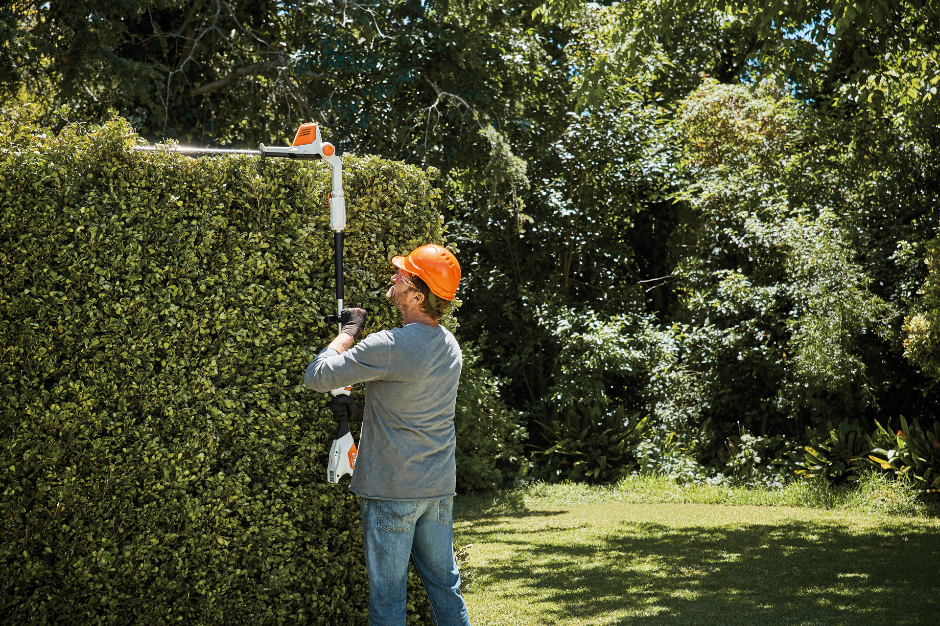 Uomo taglia siepi alte con il tagliasiepi a batteria HLA 56 STIHL