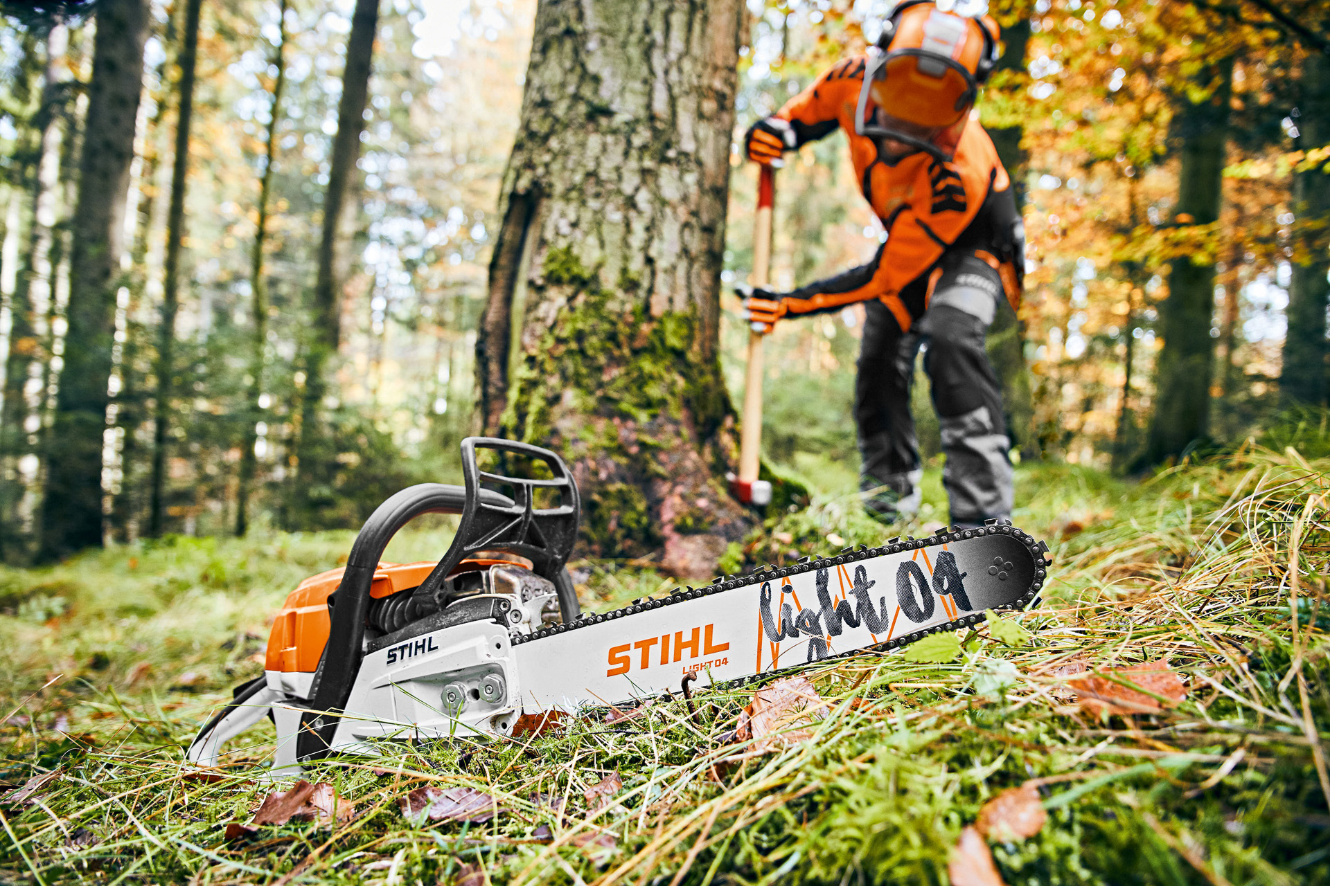 Uomo con dispositivi di protezione nel bosco, in primo piano motosega a benzina STIHL MS 261 C-M con spranga di guida Light 04