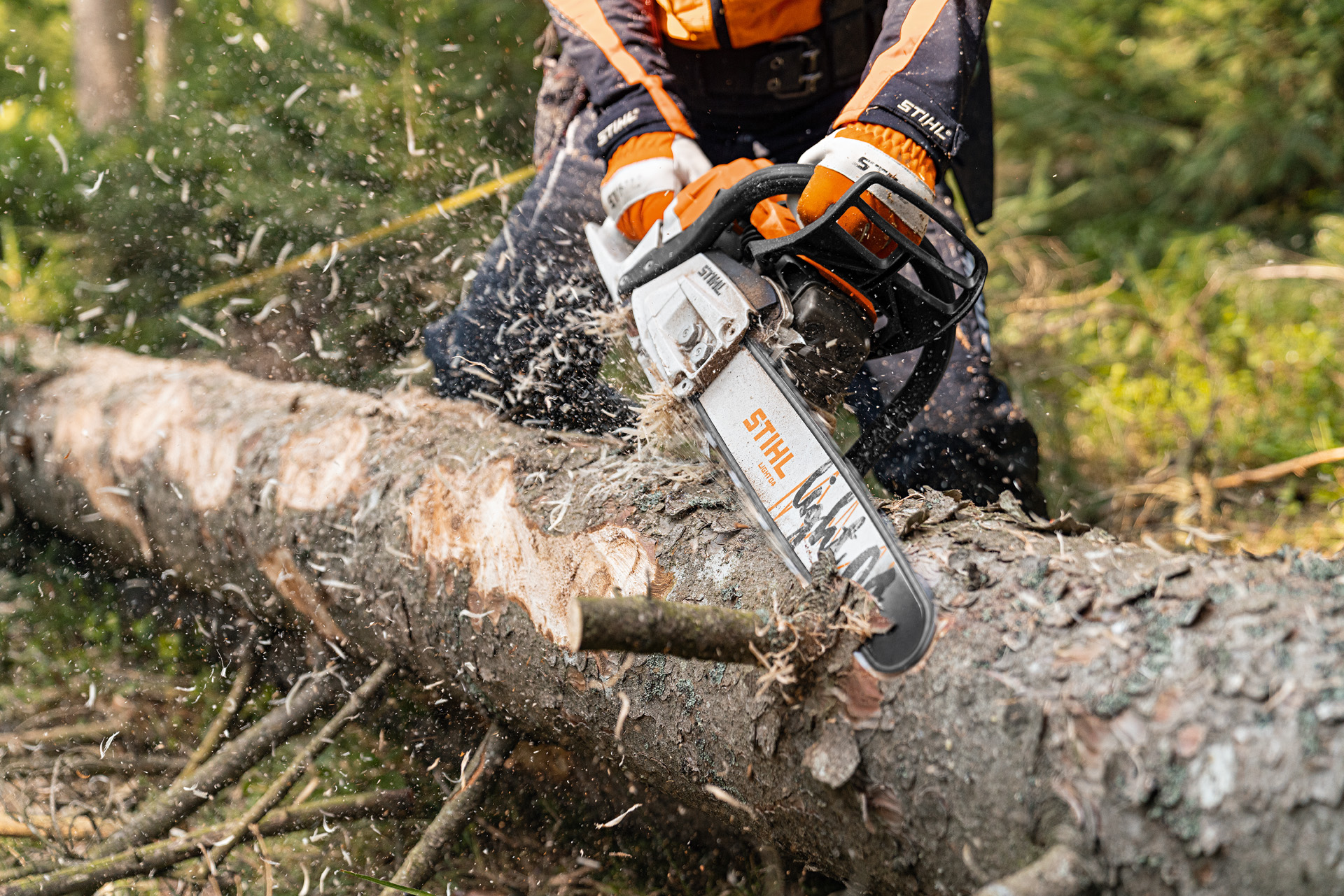 Il tronco viene scortecciato nel bosco con la motosega a benzina STIHL MS 261 C-M con motore 2-Mix e spranga Light 04