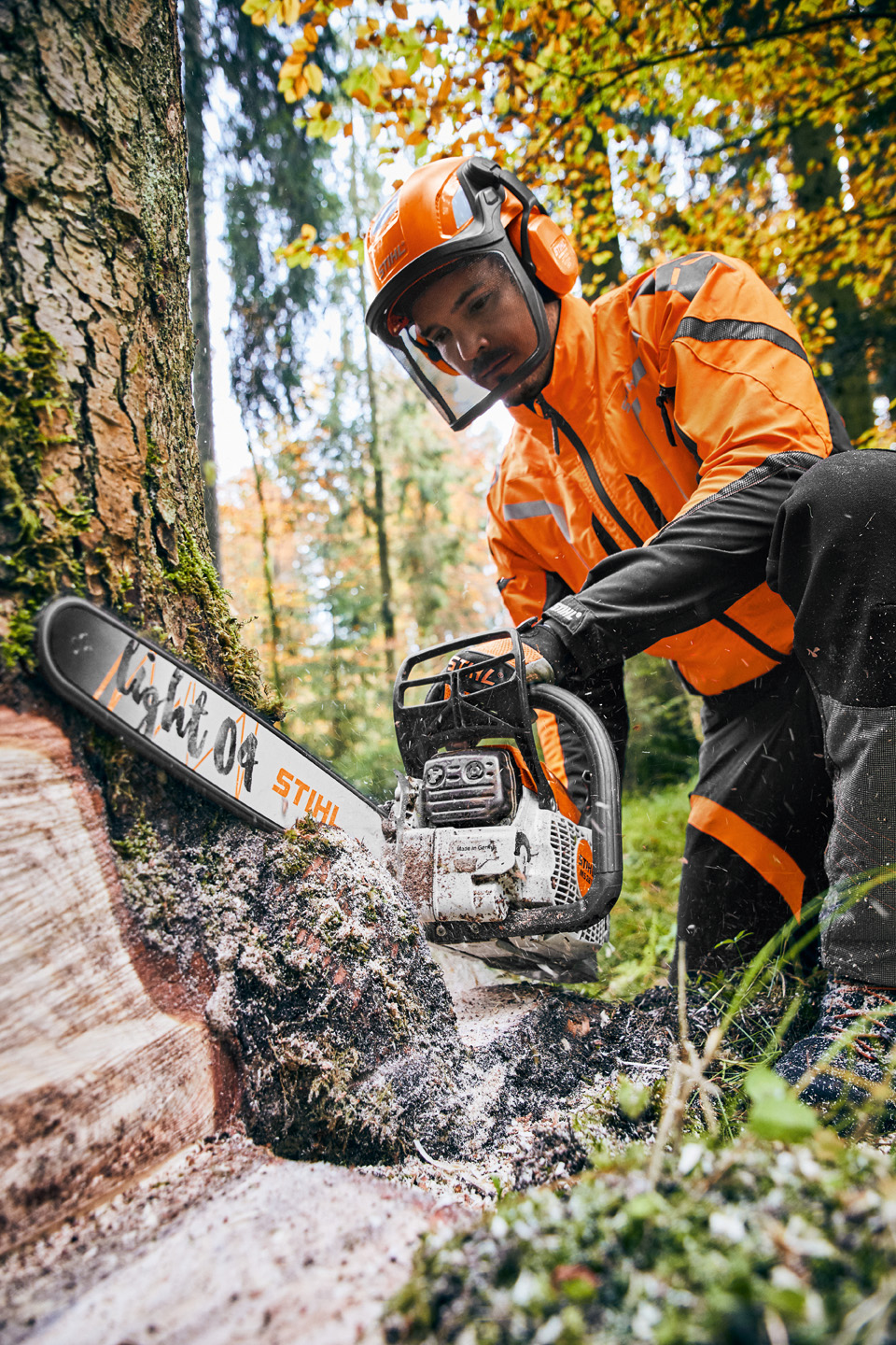 Uomo che taglia un albero con una motosega a benzina STIHL MS 261 C-M con spranga di guida Light 04.