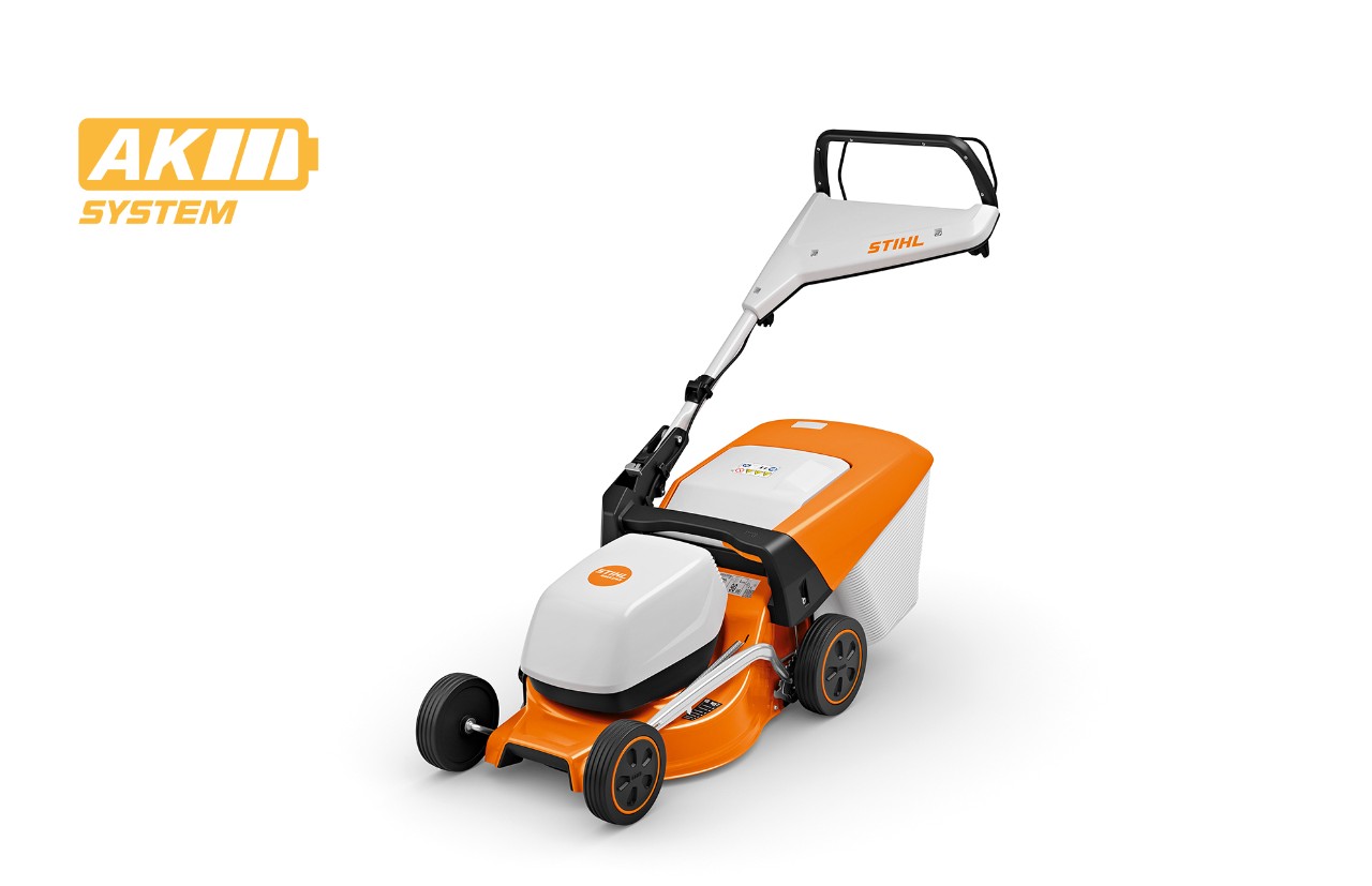 Immagine del tosaerba a batteria STIHL RMA 243, icona della batteria in alto a sinistra per il sistema AK STIHL