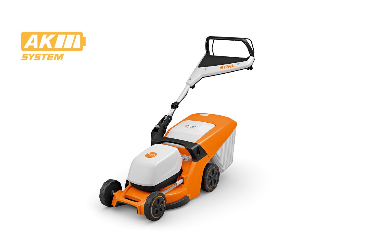 Immagine del tosaerba a batteria STIHL RMA 443, icona della batteria in alto a sinistra per il sistema AK STIHL