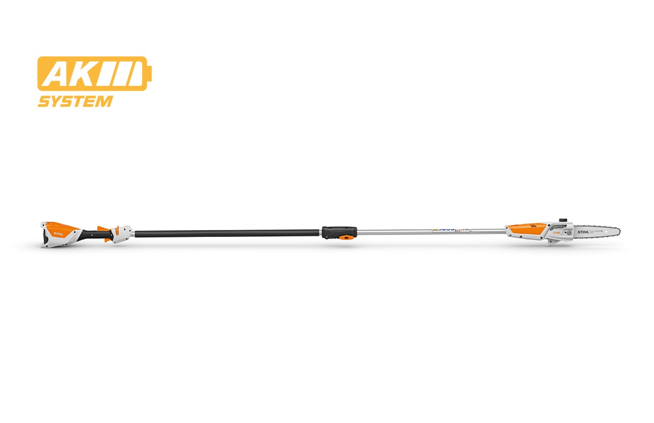 Immagine di uno sramatore a batteria STIHL HTA 50, icona della batteria in alto a sinistra per il sistema AK STIHL