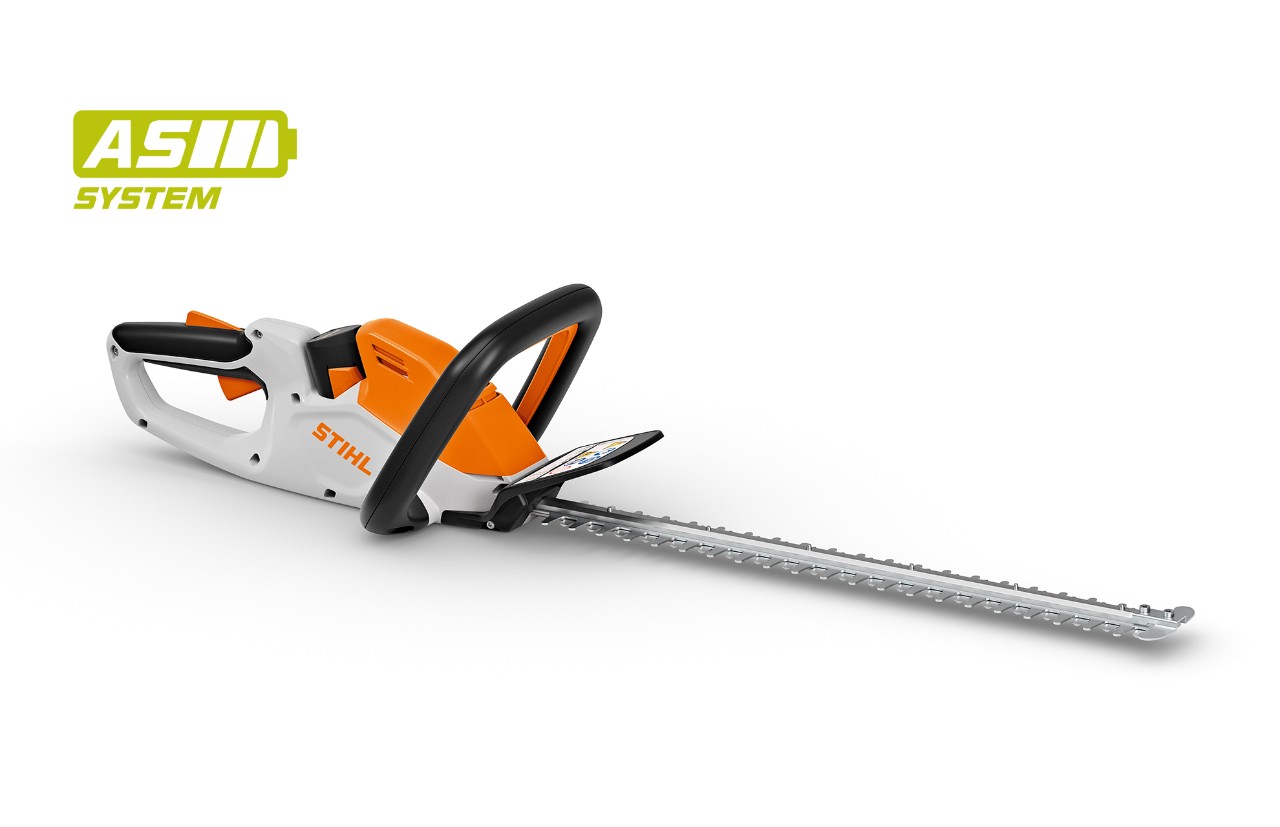 Immagine di un tosasiepi a batteria STIHL HSA 40, icona della batteria in alto a sinistra per il sistema AS STIHL