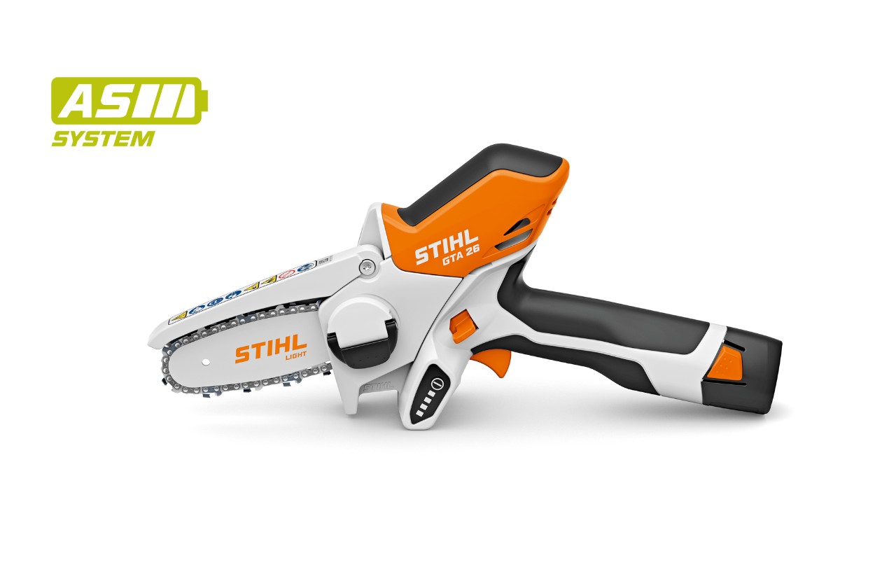 Immagine di un potatore a batteria STIHL GTA 26, icona della batteria in alto a sinistra per il sistema AS STIHL