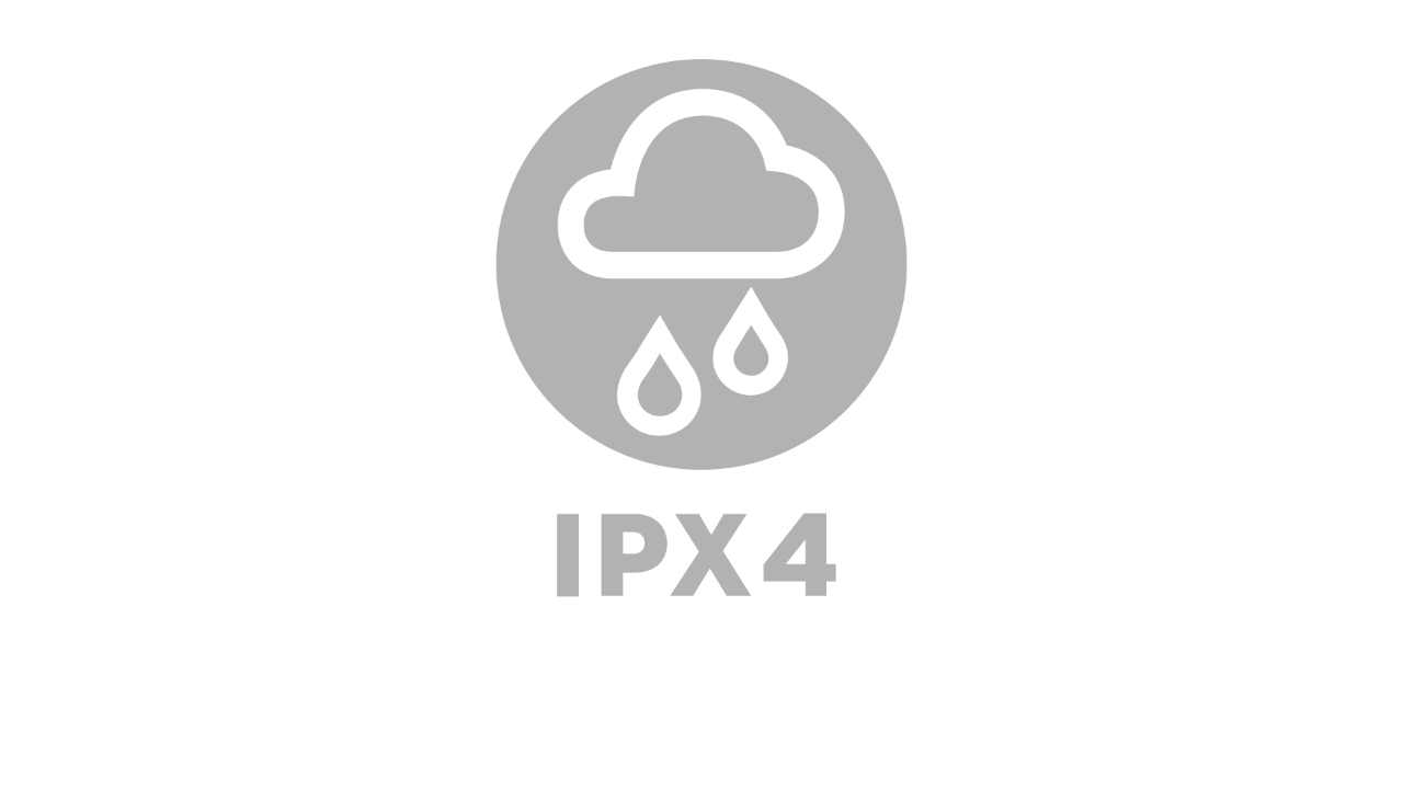 Icona con una nuvola di pioggia, con la scritta "IPX4" sotto di essa