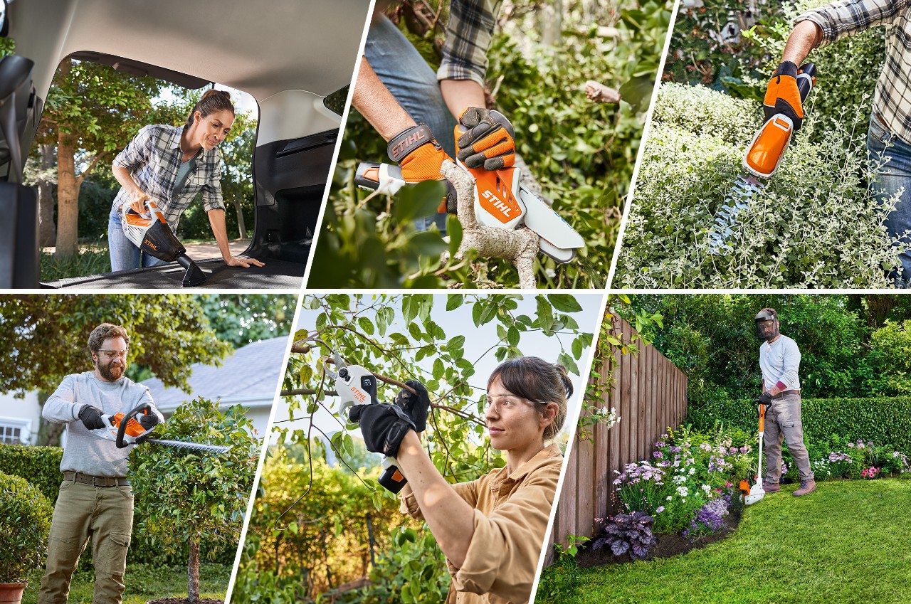 Persone che eseguono vari lavori di giardinaggio, ad esempio la potatura topiaria e il taglio dei bordi del prato, con gli utensili a batteria del sistema AS Didascalia: Gli attrezzi del sistema AS possono essere utilizzati in modo versatile per diversi lavori di giardinaggio 